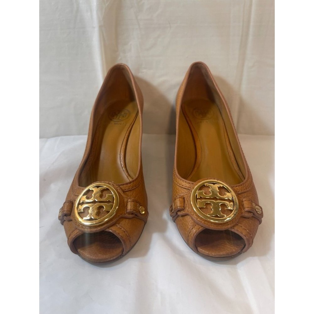 Tory Burch Brown Leather Peep-Toe Wedges with Gold Logo